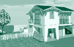 A picture of a detached ADU above a garage.