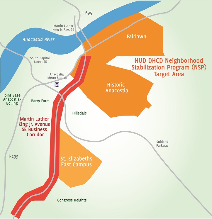 A schematic map displaying the target area for the Challenge Grant, three areas (Fairlawn, Historic Anacostia, and St. Elizabeths east campus) and the Martin Luther King Jr. Avenue SE corridor.