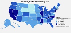 Map of the United States showing the unemployment rate by state in January 2013.