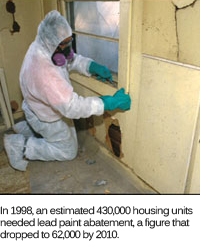 A picture of a worker removing lead-based paint in an older home.