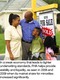 A picture of a minority family next to a home they have just purchased.