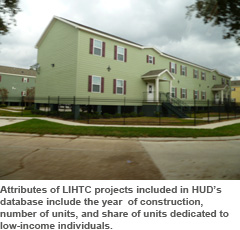 Attributes of LIHTC projects included in HUD’s database include the year of construction, number of
units, and share of units dedicated to low-income individuals.