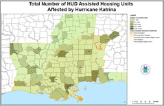 A picure of a map that summarizes HUD assisted units by county for counties in the Gulf Coast region eligible for Federal disaster relief. A picure of a map that summarizes HUD assisted units by county for counties in the Gulf Coast region eligible for Federal disaster relief.