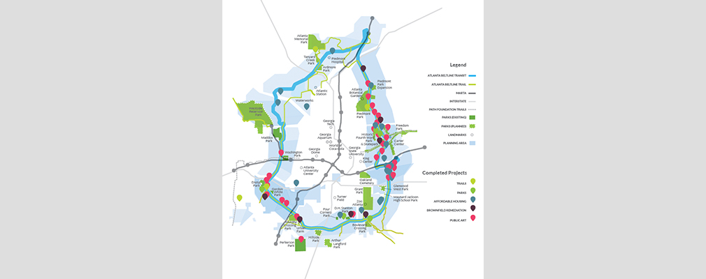 Map showing the BeltLine planning area, major landmarks, and completed trails, parks, affordable housing, brownfield remediation, and public art.