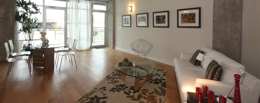 Photograph of the living area of an apartment.