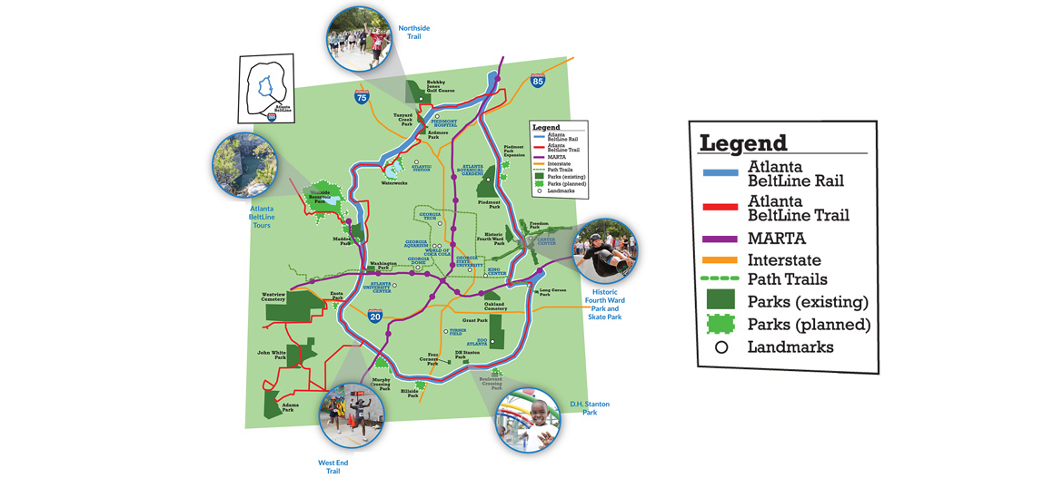 A map of the Atlanta BeltLine shows its route through the city with various destinations called out on the map.