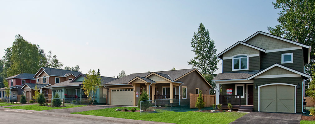 Photograph of three 2-story and two 1-story single-family homes in Mountain View.