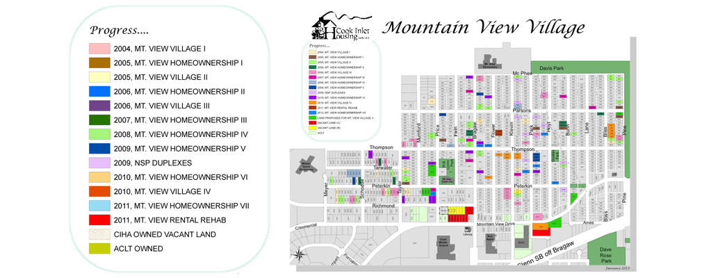 Map of Mountain View depicting parcels of land that are color-coded based on the year that the parcel was redeveloped.