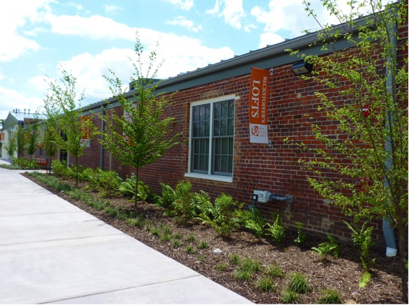 A photograph taken at street level showing the side of the rehabilitated mill building with ground cover, shrubs, and trees newly planted between the sidewalk and the building (courtesy of Better Housing Coalition).