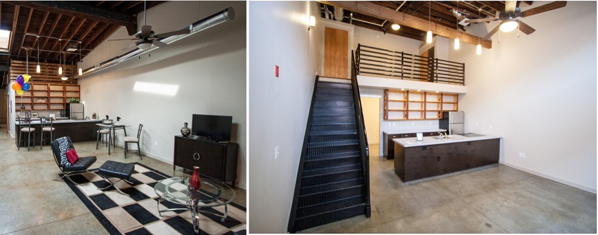 Two photographs showing the interiors of apartments, one with a combined kitchen and living space and another with a loft space above the kitchen area (courtesy of Better Housing Coalition).