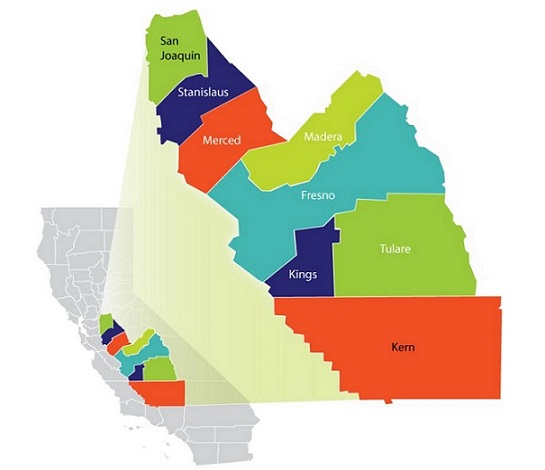 Map of the San Joaquin Valley displaying its 8 counties in relation to the rest of the state of California.
