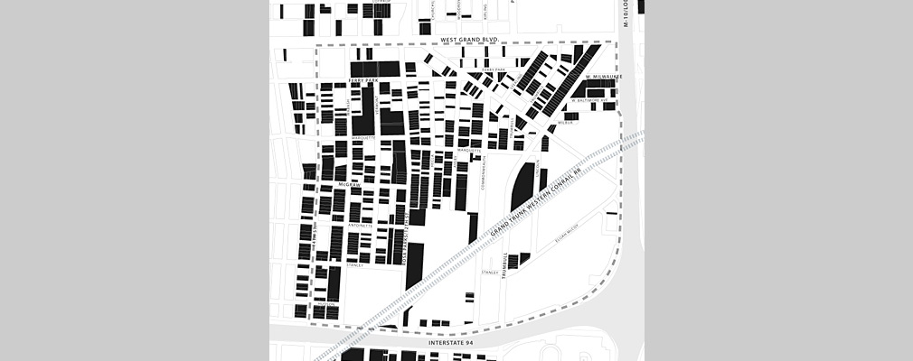 Map of the neighborhood south of Henry Ford Hospital, approximately 225 acres, showing vacant properties.
