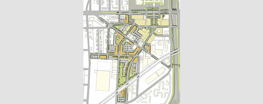 A rendered map of the eastern portion of the neighborhood showing how future buildings, parking, open spaces could be arranged.