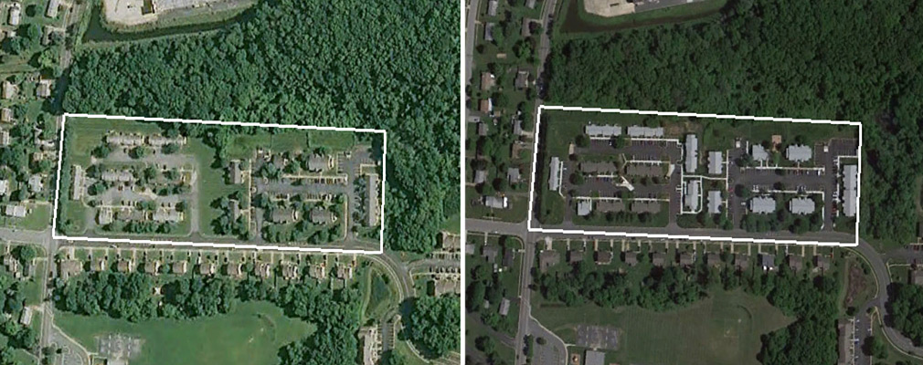 Two high-altitude aerial photographs depict the Cottages at Chesapeake and the Gardens at Chesapeake before and after the rehabilitation. A line delineates the boundary of the combined properties. Each development consists of attached buildings and parking areas arranged along a loop drive connecting to a public street that the developments front on. The post-development picture shows two new buildings between the two developments where a lawn is shown in the pre-development picture. Detached houses and other low density development are in front of and to the west of the combined properties. Wooded areas are to the east and north. 
