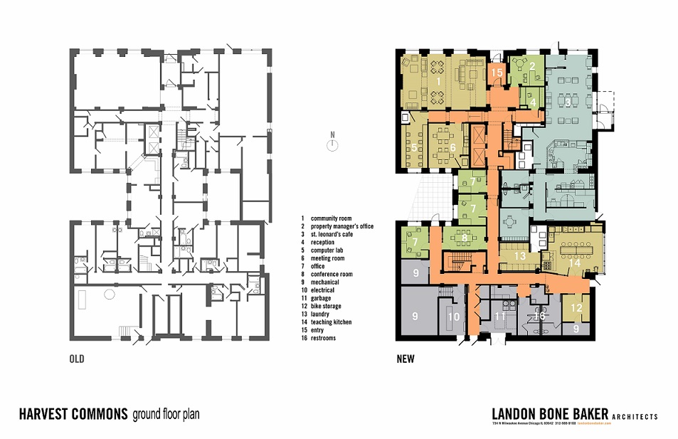 Before and after plans of the building’s first floor. On the left is an unrendered floor plan showing the room arrangement before renovation. On the right is a rendered floor plan after renovation.