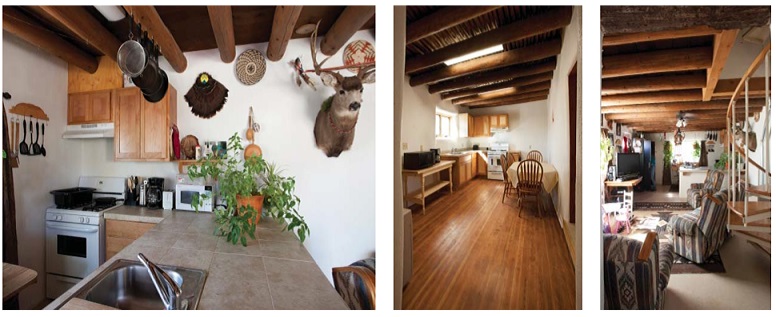 Three photographs of kitchen and living areas in restored pueblo homes (courtesy of Kate Russell Photography, 2012).