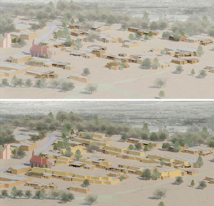 A rendered graphic viewing Owe’neh Bupingeh from a low altitude after phases I and II of the restoration, and a second rendered graphic of the same area from the same angle after the entire preservation plan is implemented (courtesy of Atkin Olshin Schade Architects).