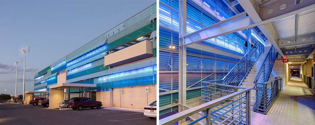 Two photgraphs showing the steel structure that shields the western façades of the multifamily buildings. 