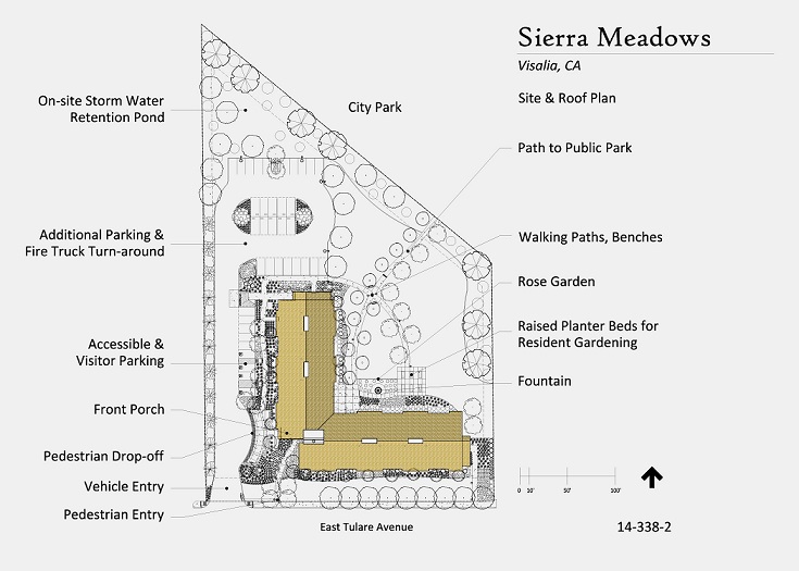 Site plan for Sierra Meadows showing the building, parking areas, the terrace and raised planters, the walkway to the city park to the rear of the property, and other site features.