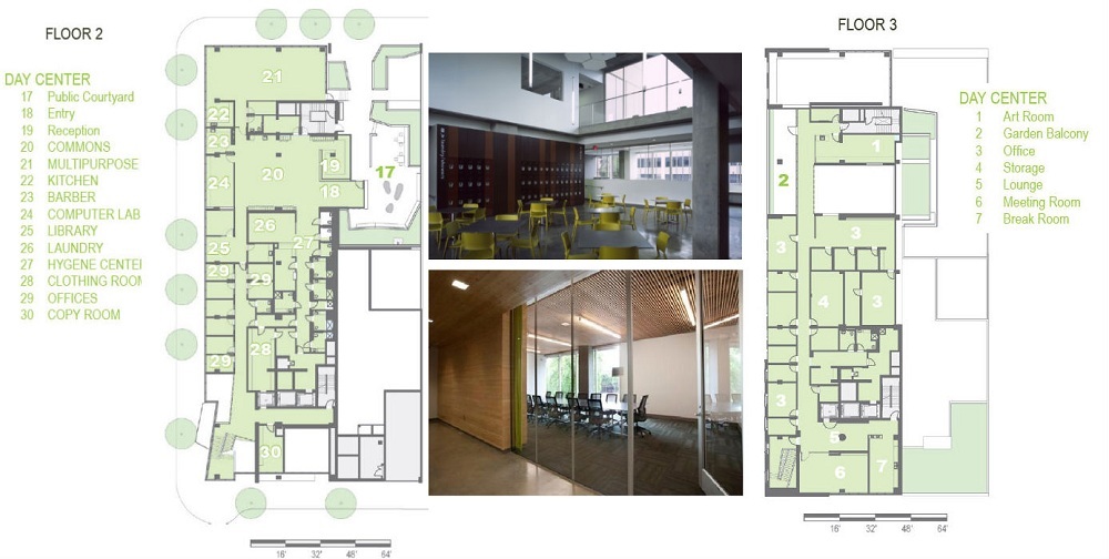 The resource center is designed to accommodate a variety of services for the homeless population; it includes community and multipurpose spaces, as well as an art room and an exercise facility (plan courtesy of Hoist Architecture, image courtesy of Sally Schoolmaster).