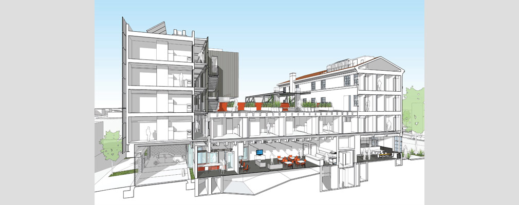 A partially rendered cross section showing apartments, the rooftop garden, the commons room, and a parking garage in the four-story original building, two-story middle wing, and five-story new building.