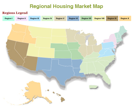 Map illustrating the boundaries of the ten regions defined by HUD and their included states.