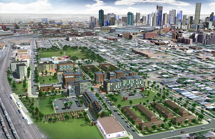 Three dimensional rendering of the plan for the Mariposa District, illustrating how the new developments will be integrated into the urban landscape in Denver.