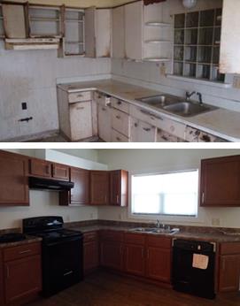 Two photographs, one taken before and one after renovations, of a single-family detached home. The before-image is of an outdated, dirty kitchen with no appliances, and the after image is of a renovated kitchen with new cabinets and ENERGY STAR appliances.
