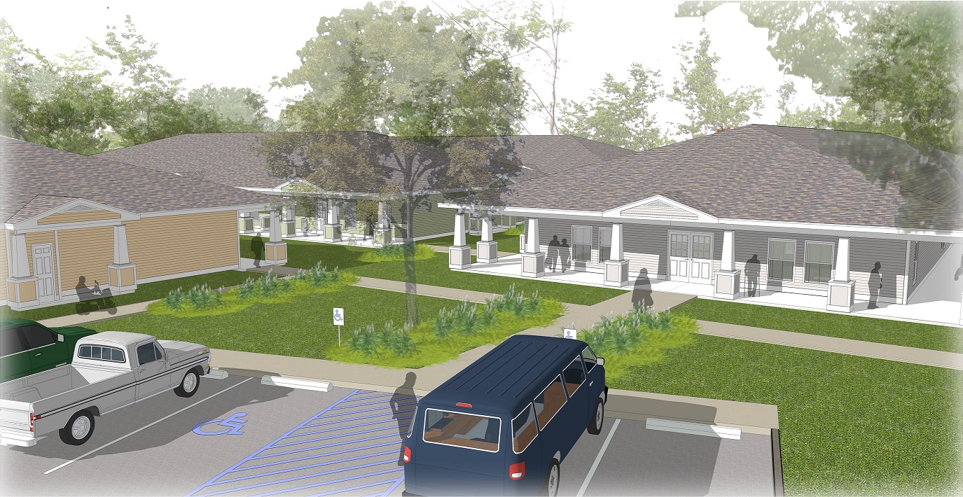 Rendering of the single-story McIntosh Homes, featuring large porches flanked with columns.  