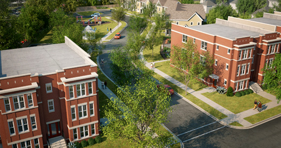 A rendering of the Emerson Square project in Evanston, Illinois shows a diversity of housing types, which include townhomes and flats and neighborhood that is well connected with sidewalks and other pedestrian elements.