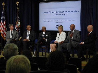 picture of Mayors John Linder of Chester, AC Wharton of Memphis, Ashley Swearengin of Fresno, David Bing of Detroit, and Mitch Landrieu of New Orleans join HUD Secretary Shaun Donovan (left) to discuss the challenges facing cities and  implementation of the SC2 initiative.