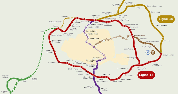 Map of the Grand Paris Express showing the circular transit routes designed to connect communities.