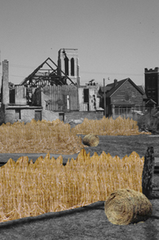 The author's representation of the previous image repurposed as farmland. The vacant lots are now occupied by a wheatfield and bales of hay.
