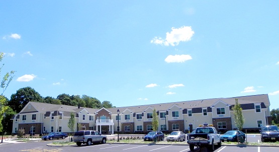 This is the exterior of Kershaw Commons, 30 units of affordable, accessible housing for people with Multiple Sclerosis in Freehold, New Jersey.