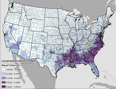 Exhibit 2:  Localized Diversity Levels of Cities and Counties - Equal Interval Classification