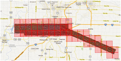 Image of NOAA, National Geodetic Survey map of tornado path that hit Joplin, Missouri in May 2011.