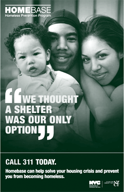 A picture of a poster that is strategically placed and that tells New Yorkers facing a housing crisis how to contact HomeBase.
