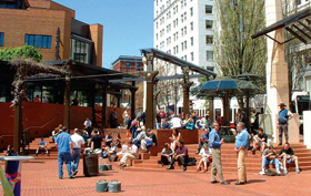 Image of  a transit hub and public plaza at the Pioneer Courthouse Square in downtown Portland, Oregon