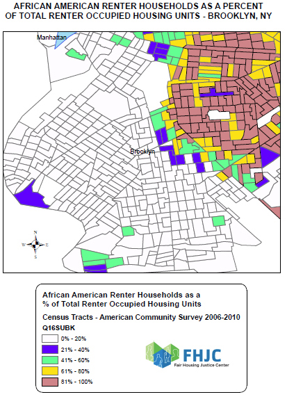 Map shows African American renter households as a percentage of total renter occupied units in Brooklyn, New York.
