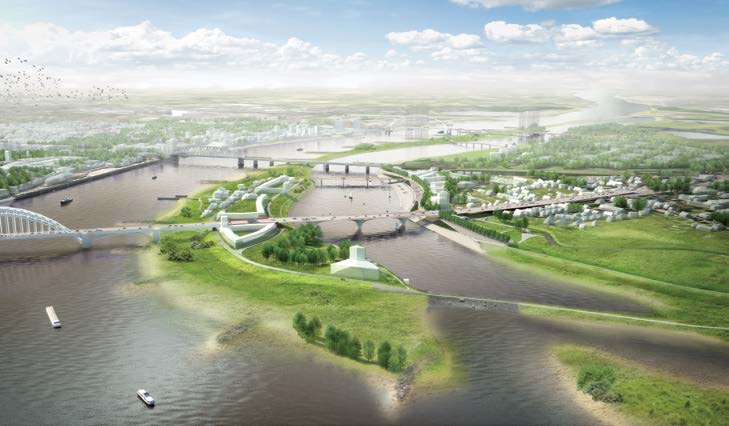 Rendering shows an aerial view of proposed flood resilience measures to protect the cityof Nijmegen.