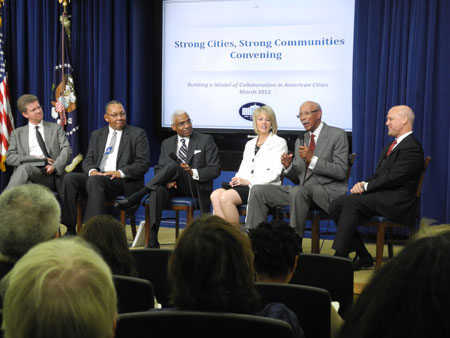 Pictured from left to right: Secretary Donovan, Mayor Linder (Chester), Mayor Wharton (Memphis), Mayor Swearengin (Fresno), Mayor Bing (Detroit), and Mayor Landrieu (New Orleans). Pictured from left to right: Secretary Donovan, Mayor Linder (Chester), Mayor Wharton (Memphis), Mayor Swearengin (Fresno), Mayor Bing (Detroit), and Mayor Landrieu (New Orleans).