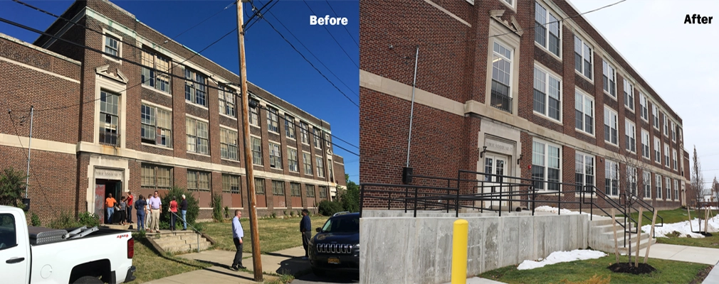 Before and after images. The image on the left shows a damaged three-story brick building with broken windows and discolored architectural details. The image on the right shows the same building restored, with new windows in a similar style.
