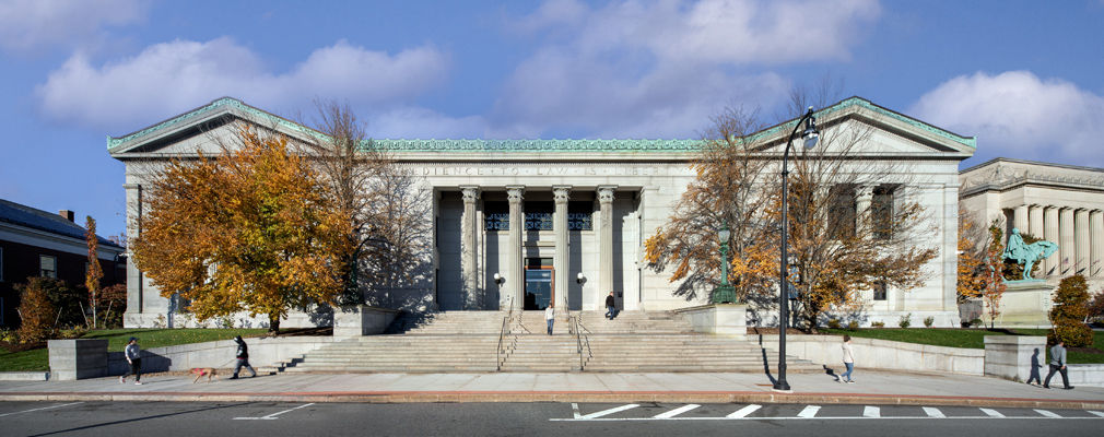 Photograph of the main entrance to the Courthouse Lofts, formerly the iconic Worcester County Courthouse, constructed in the Greek Revival Style.