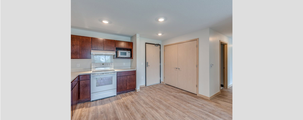 Image of an apartment kitchen and entryway.