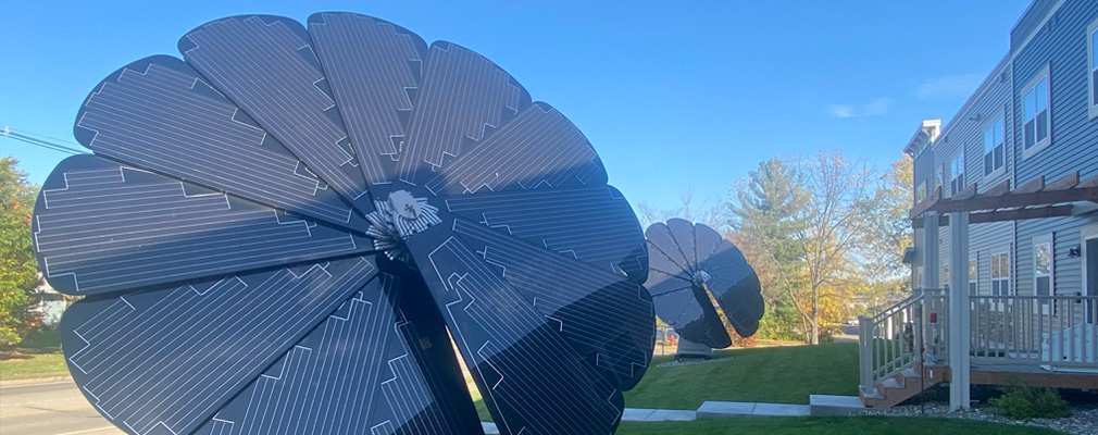 A structure containing 12 solar panels arranged in a circle, resembling the petals on a flower.