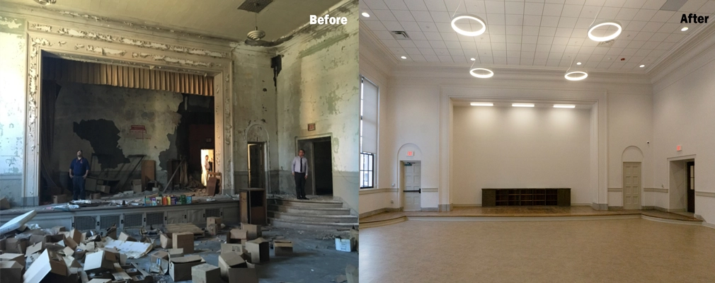 Before and after images. The image on the left shows a dirty and deteriorated auditorium. The image on the right shows the same room converted into a clean community room with modern lighting and white walls.