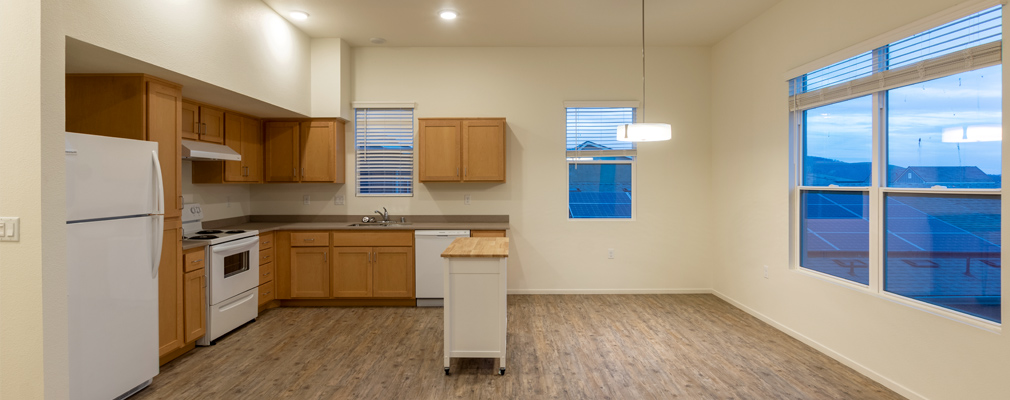 Photograph of a kitchen, with a refrigerator, oven, dishwasher, and a movable island, beside an unfurnished dining area.