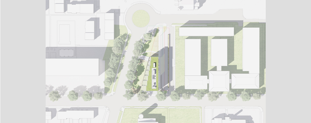 Aerial view drawing of several city blocks with a small triangular parcel (the Aya) emphasized in the center.