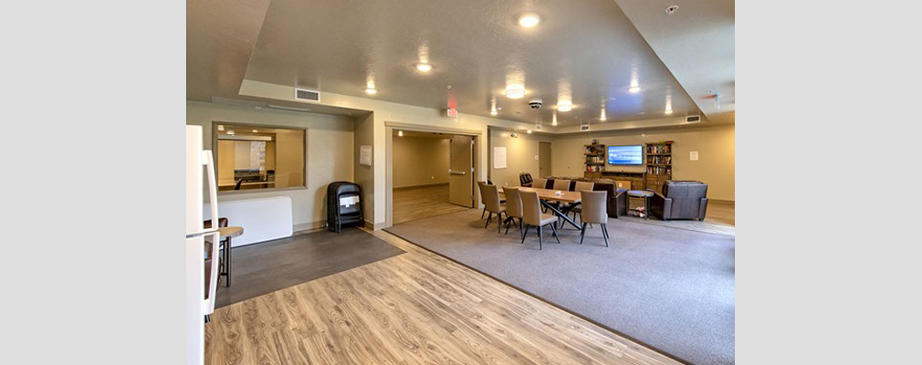 Photograph of a long table, several chairs, a television, and book shelves in a large room, with a kitchen area in the foreground.