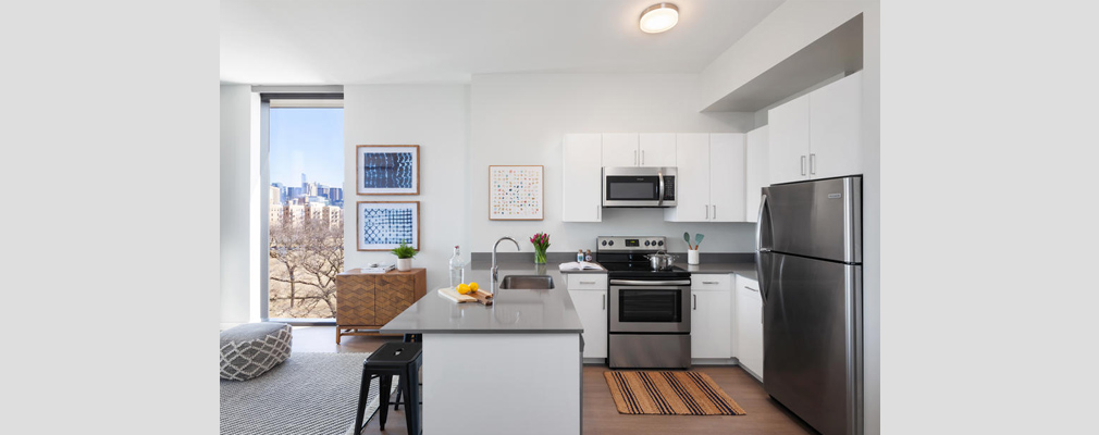 Photograph of an apartment kitchen, with an island separating it from the living room at the left side of the picture.